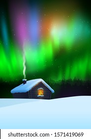 Vector illustration of winter night landscape with house and green aurora borealis skies.