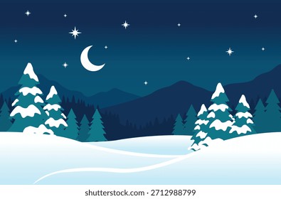 Ilustración vectorial de un paisaje nocturno invernal con pinares nevados, montañas, luna creciente y estrellas en un cielo azul oscuro.
