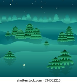 Vector Illustration of a winter night  landscape. Christmas cartoon fir-tree.