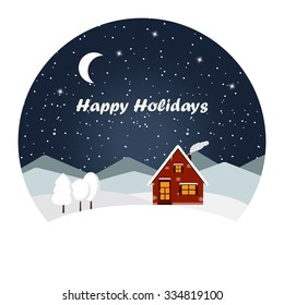 Vector illustration winter night landscape with cartoon trees covered with snow. Brick red house covered with snow. Snowy mountain. Winter time. Christmas night in the village.