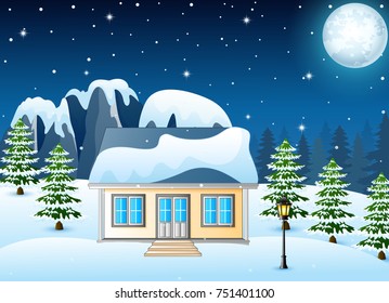 Vector illustration of Winter night landscape with snow covered house and snowy rocks