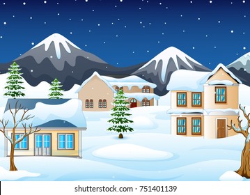 Vector illustration of Winter night landscape with mountains and snow covered house 