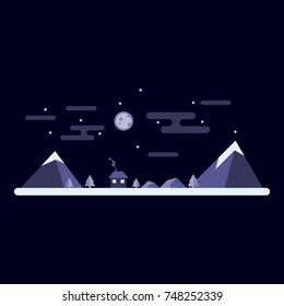 Vector illustration of winter night. Little house surrounded by mountains and trees at night