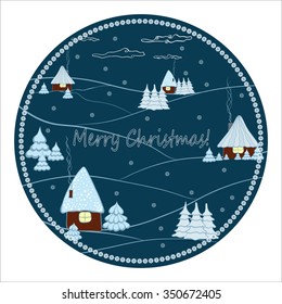 Vector illustration winter night. Snow-covered houses and trees.