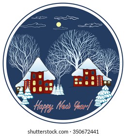 Vector illustration winter night. Snow-covered houses and trees.