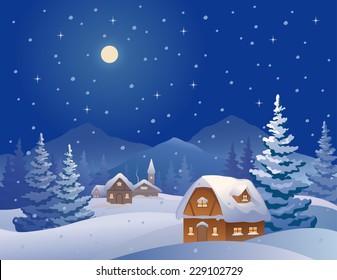 Vector illustration winter night village at the mountains