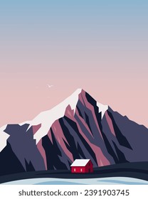 Vector illustration. Winter illustration. Norway, landscape. Design for poster, banner, postcard.