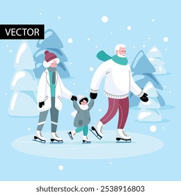 Ilustração de vetor. Atividades ao ar livre no inverno. A família gosta de temporada de neve, avós patinam no gelo com os netos. Paisagem de Natal.