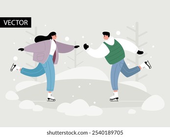 Ilustración vectorial. Actividad al aire libre de invierno. Pareja disfruta de la temporada de nieve, mujer joven y hombre patinaje sobre hielo. Paisaje Navidad.