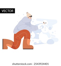 Vector Illustration. Winter outdoor activity. Young man enjoys snowy season making a snowman. Holiday Christmas.