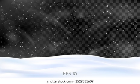 Vector illustration. Winter overlay for use on dark backgrounds. Snowfall. Snow drift. Blizzard. Frost drift. Snowy background. Template for banner, poster, website. Snow storm concept. Snowdrifts. 