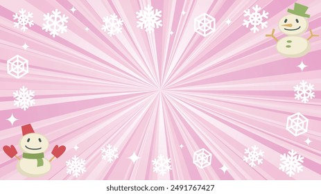 vector illustration of winter pale pink flash with gradation - snowman and snowflakes and glitter-