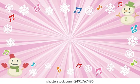 vector illustration of winter pale pink flash with gradation - snowman and snowflakes and musical note-