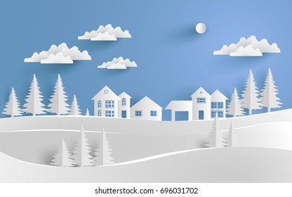 vector illustration of winter with paper art design.The house  and pine trees in winter is covered with snow.
