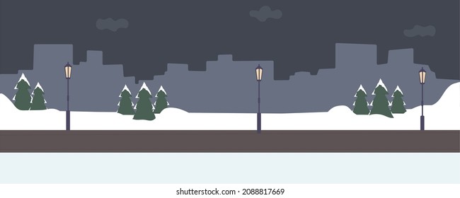 Vector illustration of winter park. Evening winter snow park with fir trees and lanterns