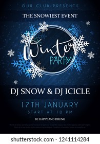 Vector illustration of winter party poster with hand lettering label - winter - with snowflakes.