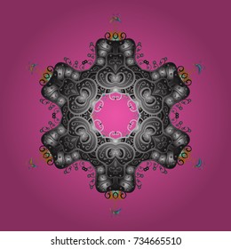 Vector illustration. Winter pattern made of snowflake on pink, gray and brown colors. Flat lay. Winter concept.