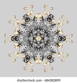 Vector illustration. Winter pattern on gray background. Arab, Asian, ottoman motifs in colors. Simple snowflakes, floral elements, decorative ornament.