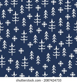 Vector illustration of winter pattern. Seamless picture of hand-drawn Christmas trees. Doodle on wrapping paper.