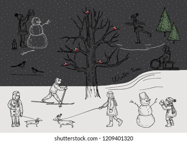 Vector illustration. Winter pen style set. Children outdoors. Winter tree with bullfinches. Snowman. Skates, sled, ski. Vacation time. Element of design.