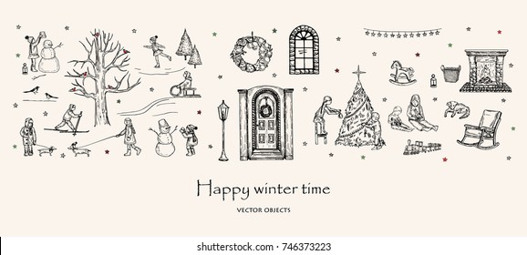 Vector illustration. Winter pen style set. Children outdoors and at home. Decor elements. Winter tree with bullfinches. Snowman. Skates, sled, ski. Vacation time. Vector sketch.