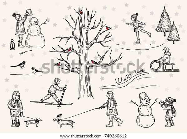 Vector Illustration Winter Pen Style Set Stock Vector Royalty Free