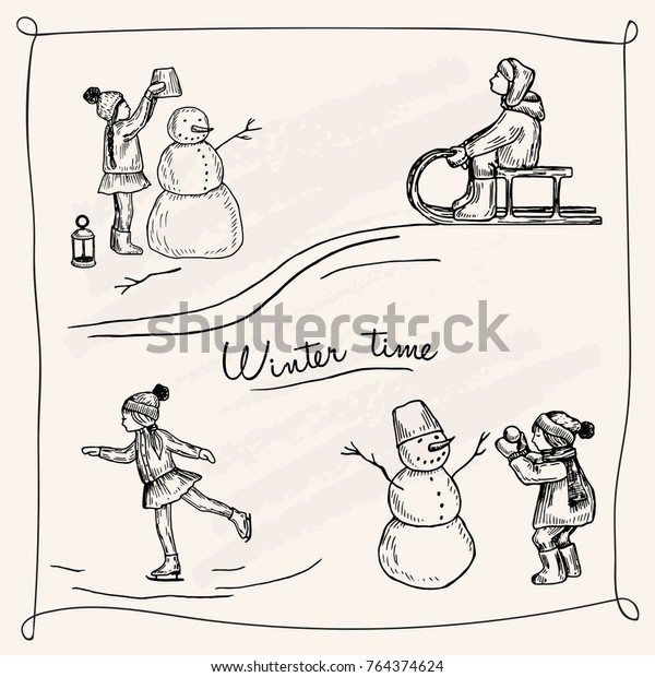 Vector Illustration Winter Pen Style Set Stock Vector Royalty Free