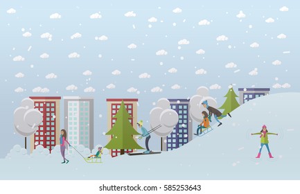 Vector illustration of winter people activities concept design elements in flat style. Characters sledding, skiing, making snow angel. Winter cityscape.