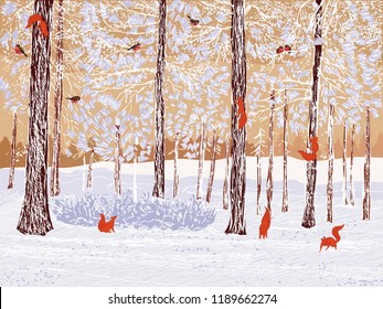 Vector illustration of a winter pine forest with climbing squirrels and bullfinches