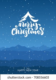 Vector illustration: Winter poster with mountains and Handwritten lettering of Merry Christmas