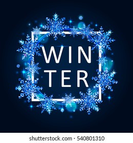 Vector illustration of winter poster template with white square frame, typography winter word and gold cyan glittering snowflakes on blue background