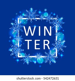 Vector illustration of winter poster template with white square frame, typography winter word and gold cyan glittering snowflakes on blue background