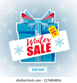 Vector illustration of winter sale banner with gift boxes and snowflakes in blue and red colours