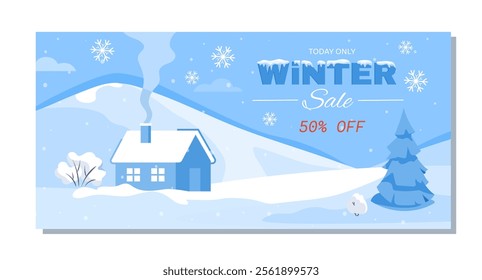 Vector illustration of a winter sale banner featuring a snowy landscape with a cozy house, pine trees, snowflakes, and text offering 50 off. Concept of seasonal discounts and holiday shopping