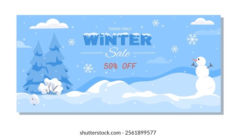 Vector illustration of a winter sale banner featuring a snowy landscape with pine trees, a snowman, snowflakes, and text offering 50 off. Concept of seasonal shopping and promotions