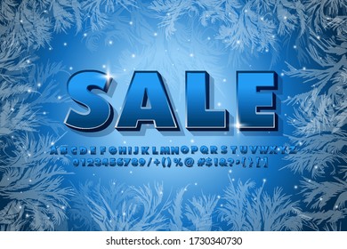 Vector illustration Of a winter sale font with sparkling stars on a winter background with patterns on glass. Stylish letters of the alphabet, symbols and numbers.