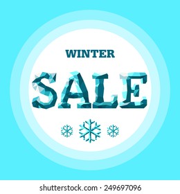 Vector illustration. Winter sale in the form of frozen ice on a blue background with snowflakes. Winter shopping.