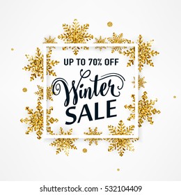 Vector illustration of winter sale poster template with lettering text sign in white square frame and gold glittering snowflakes