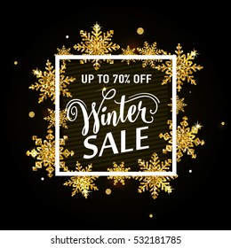 Vector illustration of winter sale poster template with lettering text sign in white square frame and gold glittering snowflakes