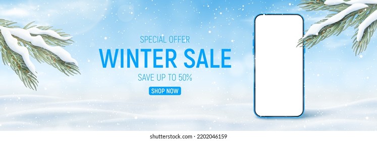 Vector illustration of winter sale. Realistic winter landscape with smartphone, snowdrifts, snowflakes, clouds and fir tree branches. Vector 3d ad illustration for promotion of winter goods.