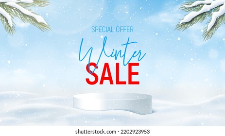Vector illustration of winter sale. Realistic winter landscape with podium, snowdrifts, snowflakes, clouds and fir tree branches. Vector 3d ad illustration for promotion of winter goods.