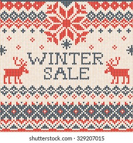 Vector illustration Winter sale: Scandinavian style knitted pattern with deers. White, blue and red colors. Flat style 