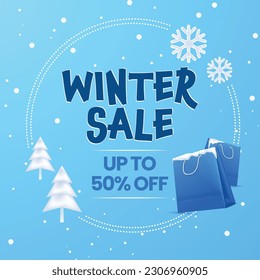 Vector illustration of Winter sale with shopping bags, snow flakes and tree