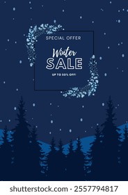  Vector illustration Winter sale template with navy blue background and dark blue Cedar Tree and winter sale up to 50 %off text in  square frame _ Eps 10 illistrator.