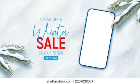 Vector illustration of winter sale. Top view on smartphone, snowdrifts, snowflakes and fir tree branches on realistic snow texture. Vector 3d ad illustration for promotion of winter goods.