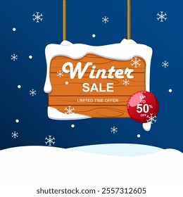 Vector illustration of a winter sale wooden sign, featuring a rustic wooden plank design with falling snow and a festive winter theme. Perfect for seasonal promotions, holiday advertisements, and wint