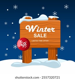 Vector illustration of a winter sale wooden sign, featuring a rustic wooden plank design with falling snow and a festive winter theme. Perfect for seasonal promotions, holiday advertisements, and wint