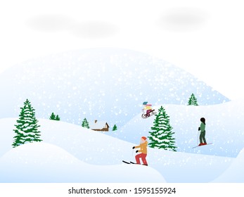 vector illustration of the winter scene, the family relaxes in winter in the village