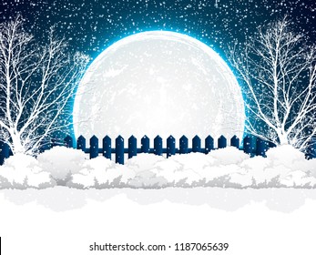 Vector illustration of winter scene with full moon