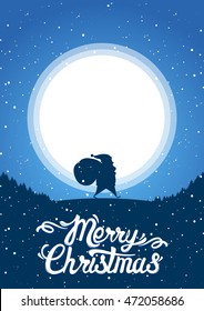 Vector illustration: Winter scene with Santa bearing gifts on the background of the moon and lettering of Merry Christmas.